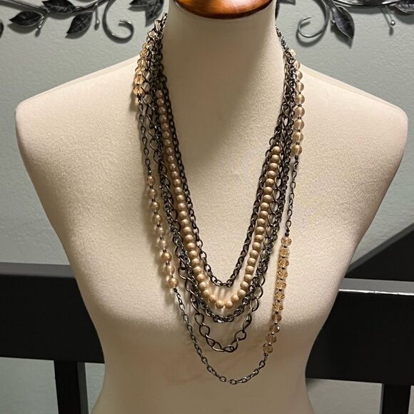 Premier Designs Elegant Multi-Strand 5) Necklace in Black and Cream - Picture 1 of 8